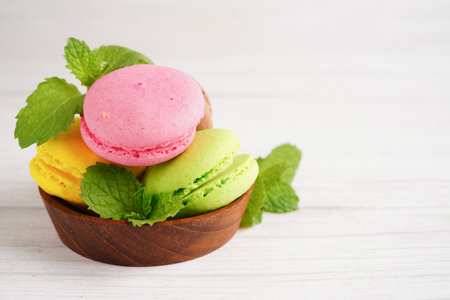 Macaron or french macaroon dessert, cake and cookies on the celebrated birthday.の写真素材