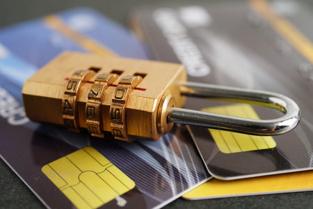 Credit card with password key lock, security finance business concept.の写真素材