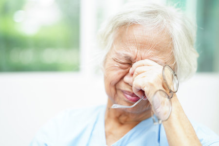 Asian senior woman wearing eyeglasses reduce headache and eyestrain suffer at home care service.の写真素材