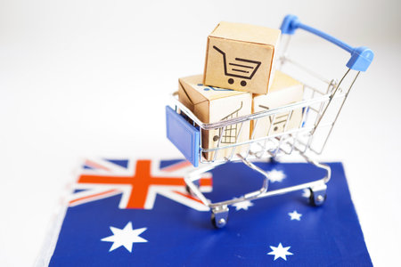Online shopping, Shopping cart box on Australia flag, import export, finance commerce.の写真素材