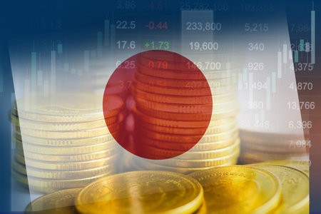 Japan flag with stock market finance, economy trend graph digital technology.の写真素材