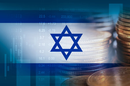Israel flag with stock market finance, economy trend graph digital technology.の写真素材