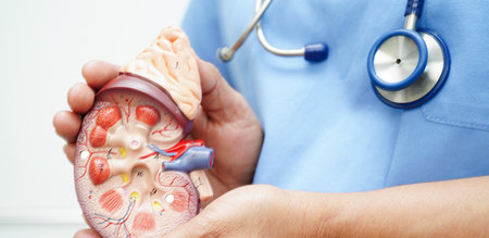Chronic kidney disease, doctor with model for treatment urinary system, urology, Estimated glomerular filtration rate eGFR.の写真素材