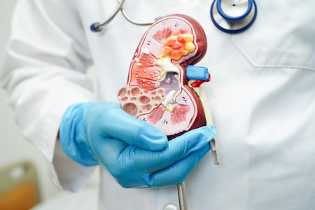 Chronic kidney disease, doctor with model for treatment urinary system, urology, Estimated glomerular filtration rate eGFR.の写真素材