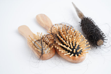 Hair loss fall with comb brush isolated on white background.の写真素材
