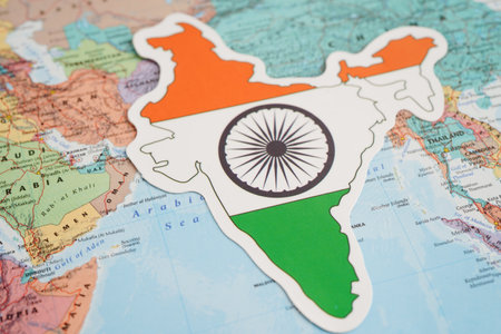 Bangkok, Thailand December 10, 2023 India map in world map paper.のeditorial素材