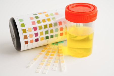 Urinalysis, urine cup with reagent strip pH paper test and comparison chart in laboratory.の写真素材