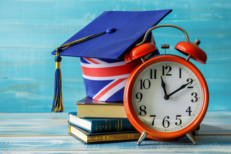 Alarm clock with british flag on clock face and stack of books and graduate hat.の素材