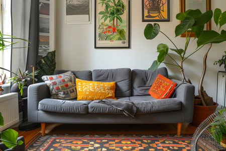 Sofa with posters on the wall and green small tree. in living room.の素材