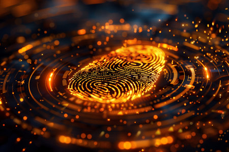 Fingerprint biometric identity digital and gold key lock approval scan, internet security network.の素材