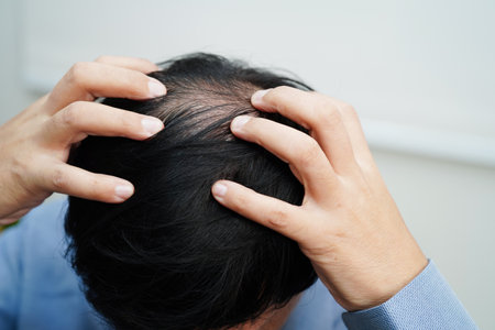Bald head in man, hair loss treatment health problem.
