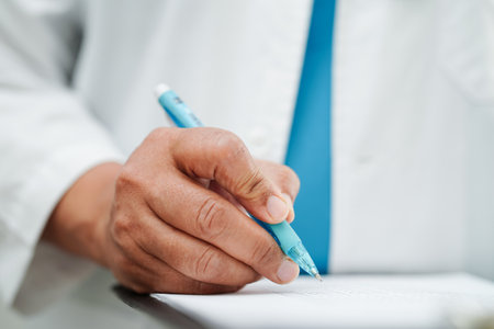 Doctor checking and note diagnosis medicine in clipboard of patients in hospital.の写真素材