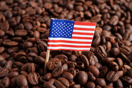 USA America flag on coffee beans, shopping online for export or import food product.の写真素材