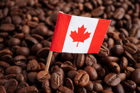 Canada flag on coffee beans, shopping online for export or import food product.の写真素材