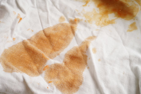 Dirty tomato sauce stain or ketchup on cloth to wash with washing powder, cleaning housework concept.の写真素材