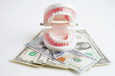 Treatment dental care cost, dental expense or fee, US dollar banknote money with teeth model.の写真素材