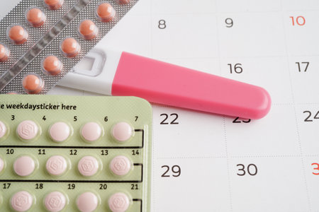 Pregnancy test with birth control pills for female of ovulation day, fetus, maternity, childbirth.