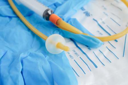 Foley catheter and urine drainage bag collect urine for disability or patient in hospital.の写真素材