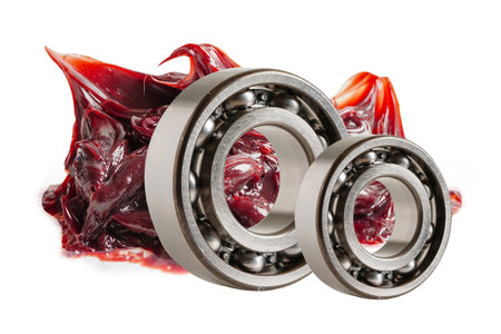 Grease isolated on white backgroud with clipping path, red excellent water resistance synthetic lithium complex grease for moving path and machinery lubrication.の写真素材