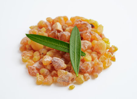 Frankincense or olibanum aromatic resin isolated on white background used in incense and perfumes.の写真素材