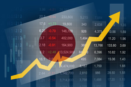Japan flag with stock market finance, economy trend graph digital technology.の写真素材