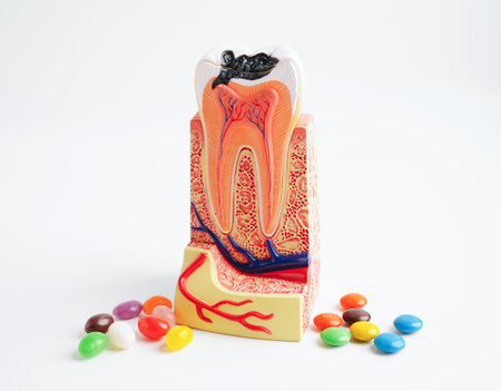 Tooth decay with sweet sugar candy, bad food for dental health care.