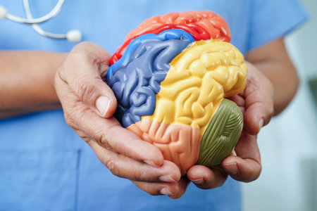 Alzheimer disease, Asian doctor holding brain anatomy model for study diagnosis and treatment in...