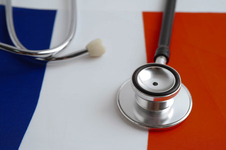 France flag with black stethoscope, Business and finance concept.の写真素材