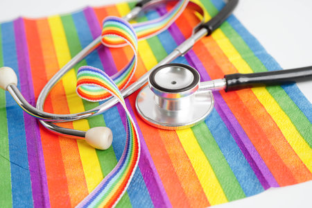 LGBT symbol, Stethoscope on rainbow flag, rights and gender equality, LGBT Pride Month in June.の写真素材