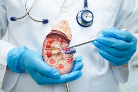 Chronic kidney disease, doctor with model for treatment urinary system, urology, Estimated glomerular filtration rate eGFR.の写真素材