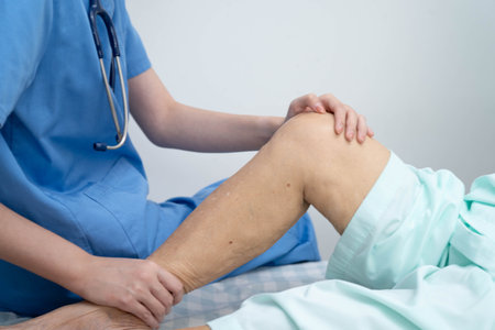 Doctor checking Asian elderly woman patient with scar knee replacement surgery in hospital.の写真素材