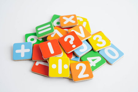 Number wood block cubes for learning Mathematic, education math.