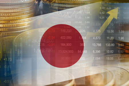 Japan flag with stock market finance, economy trend graph digital technology.の写真素材