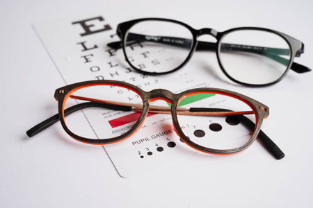 Glasses on eye exam chart to test eyesight accuracy of reading.