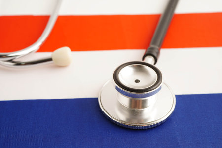 Costa Rica flag with black stethoscope, Business and finance concept.の写真素材