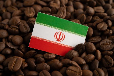 Iran flag on coffee beans, shopping online for export or import food product.の写真素材