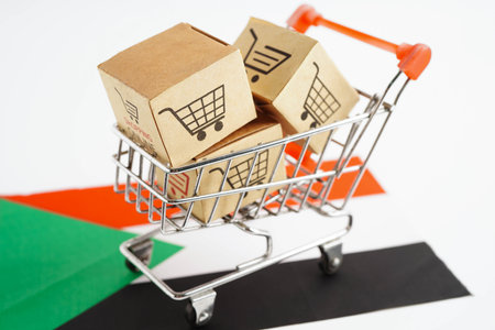 Online shopping, Shopping cart box on Sudan flag, import export, finance commerce.の写真素材