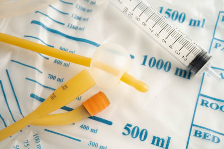 Foley catheter and urine drainage bag collect urine for disability or patient in hospital.の写真素材