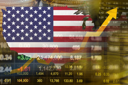 US America flag with stock economy finance.の写真素材