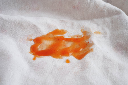 Dirty tomato sauce stain removal or ketchup on cloth accident to wash with washing powder, cleaning...