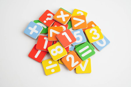 Number wood block cubes for learning Mathematic, education math.