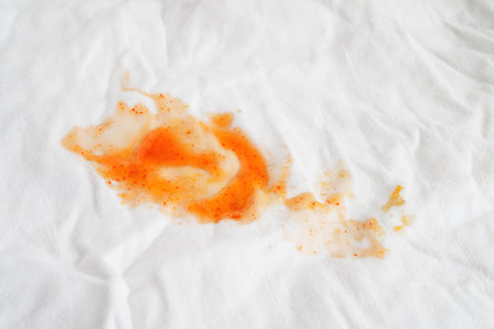Dirty tomato sauce stain removal or ketchup on cloth accident to wash with washing powder, cleaning...