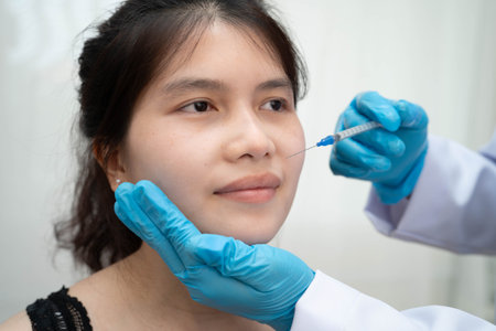 Asian woman receiving lip contouring procedure augmentation performed on face.