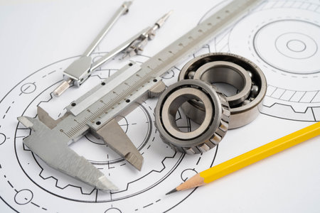 Engineering and precision tools with metal ball bering, mechanical industrial.