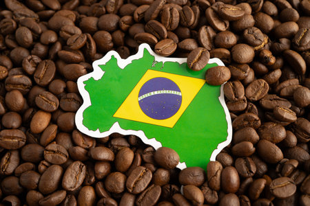 Brazil flag on coffee beans, shopping online for export or import food product.の写真素材