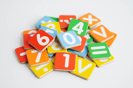 Number wood block cubes for learning Mathematic, education math.の写真素材