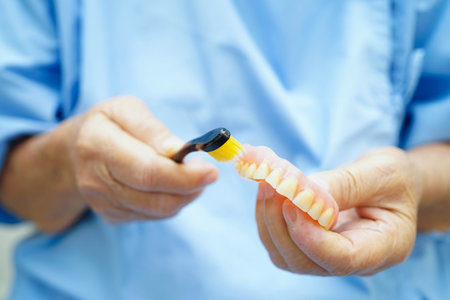 Doctor clean teeth denture with toothbrush for teach patient and dentist studying about dentistry.