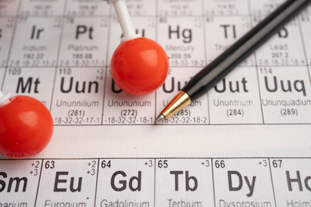 Molecules chemical on a periodic table background.の写真素材