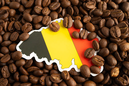 Flag on coffee beans, shopping online for export or import food product.の写真素材