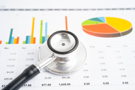 Stethoscope on chart or graph paper, Financial, account, statistics and business data medical...